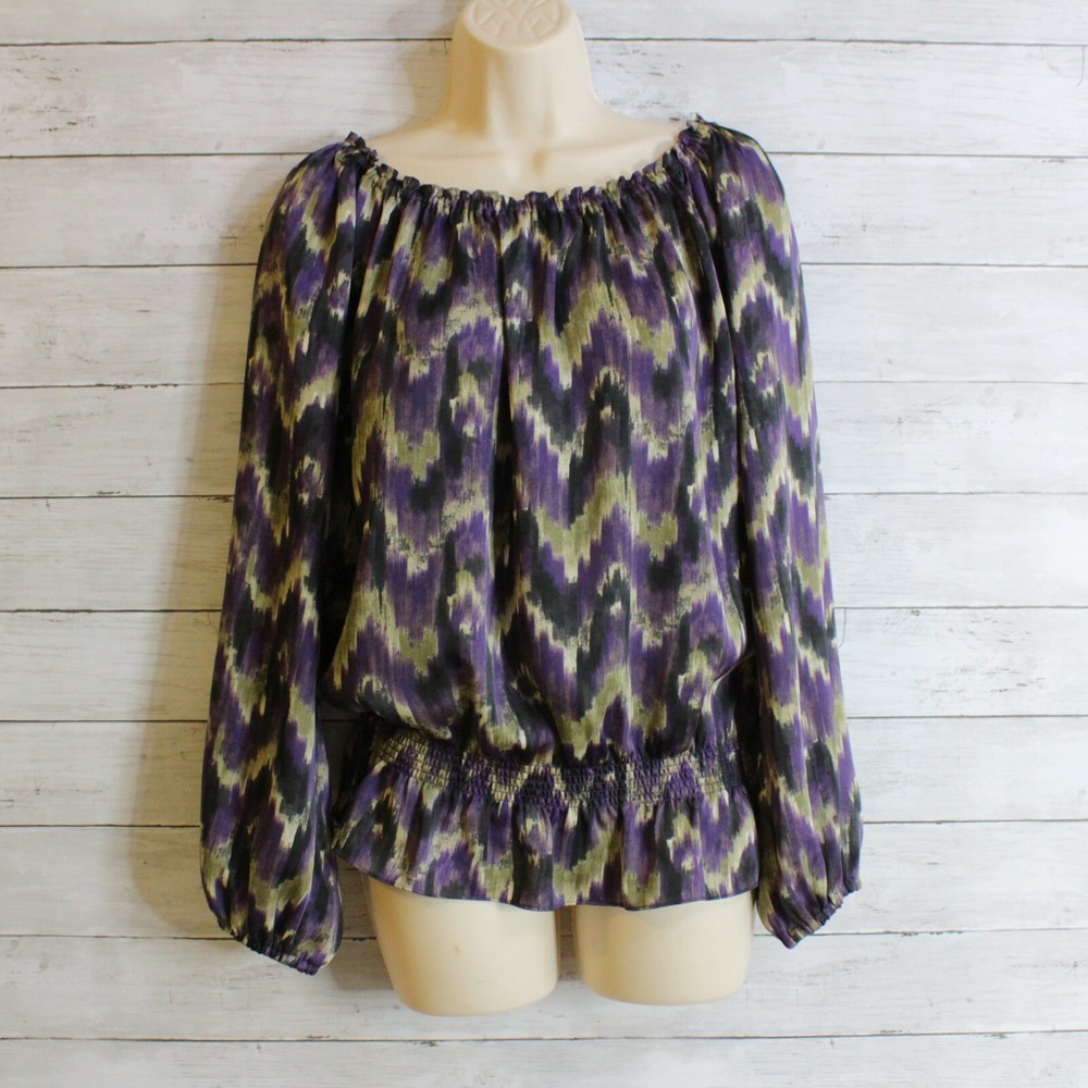 Michael Kors Womens Black Purple Smocked Peasant Top Size M Silky Comfort  