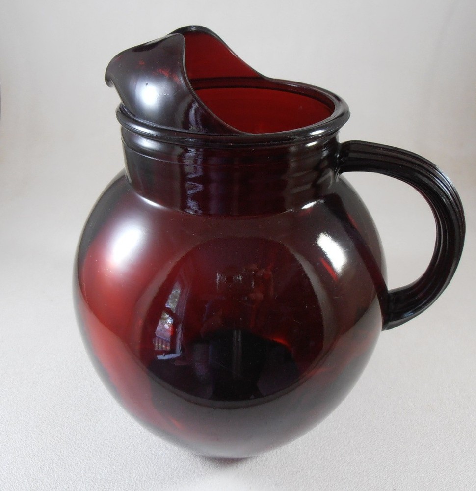 Vintage Anchor Hocking Royal Ruby Red Glass Ball Jug Pitcher Ice Lip 3 quart