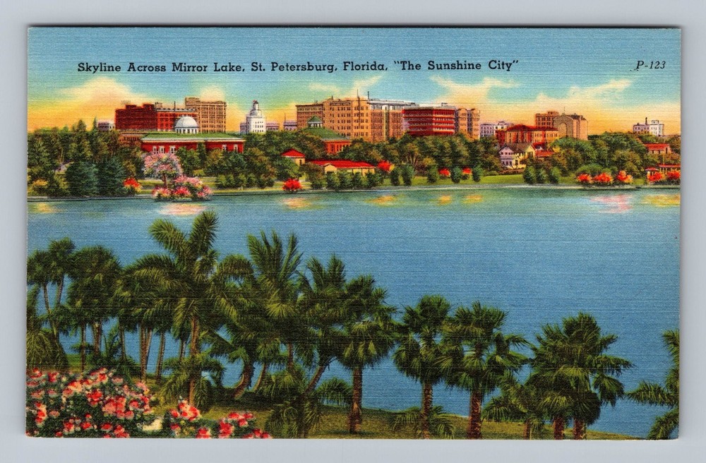 St Petersburg FL-Florida Skyline Across Mirror Lake Vintage Postcard Standard