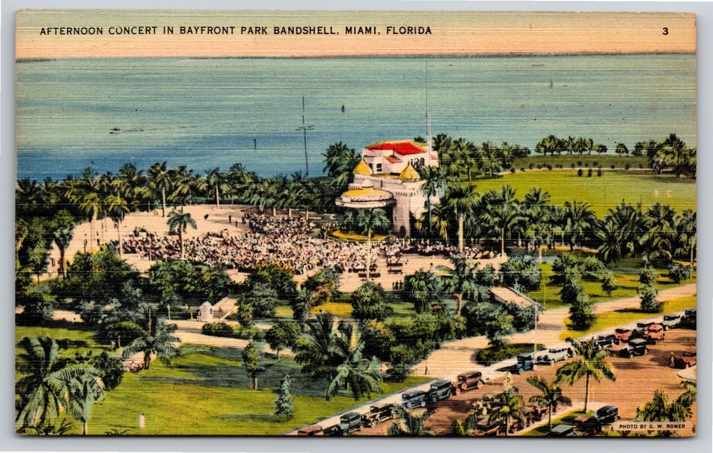 Miami Florida~Air View Concert Bayfront Park Bandshell~Vintage Linen Postcard