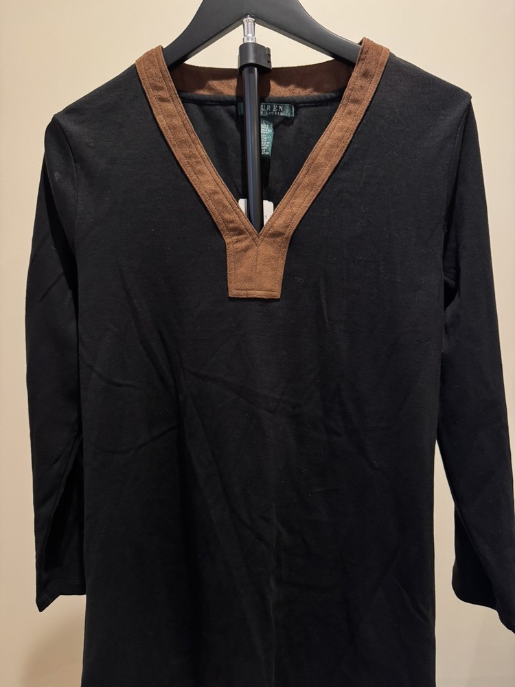 Lauren Ralph Lauren Tunic Top Blouse Womens Large Suede Trim Neck Black - L