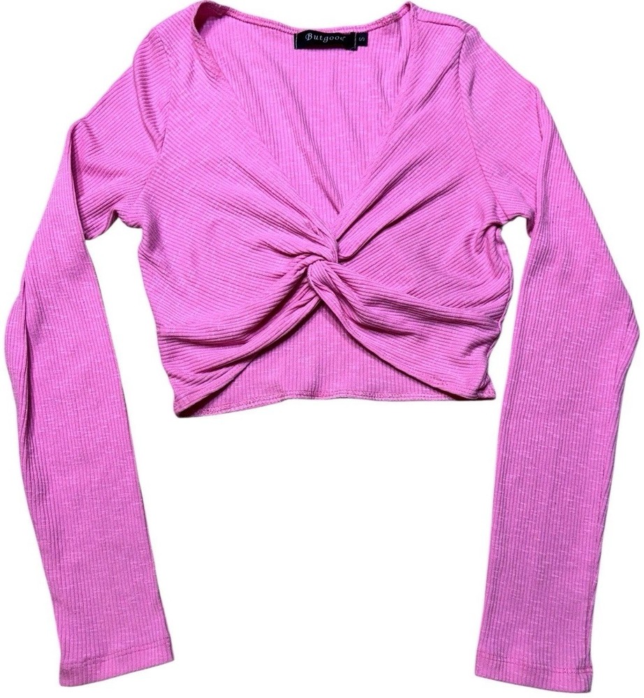 Pink Ribbed Crop Top Womens Small Ruched Twist Front Long Sleeve Y2K Coquette