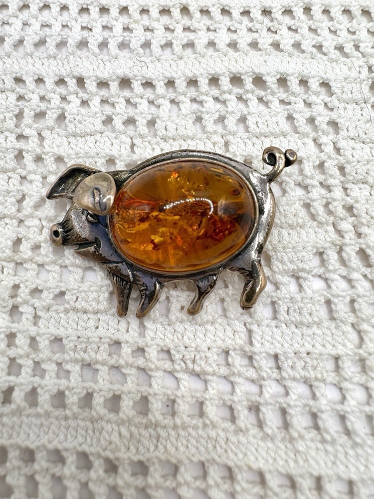 Vintage Sterling Silver Amber Pig Figural Brooch 1.5 Inch 6 Grams