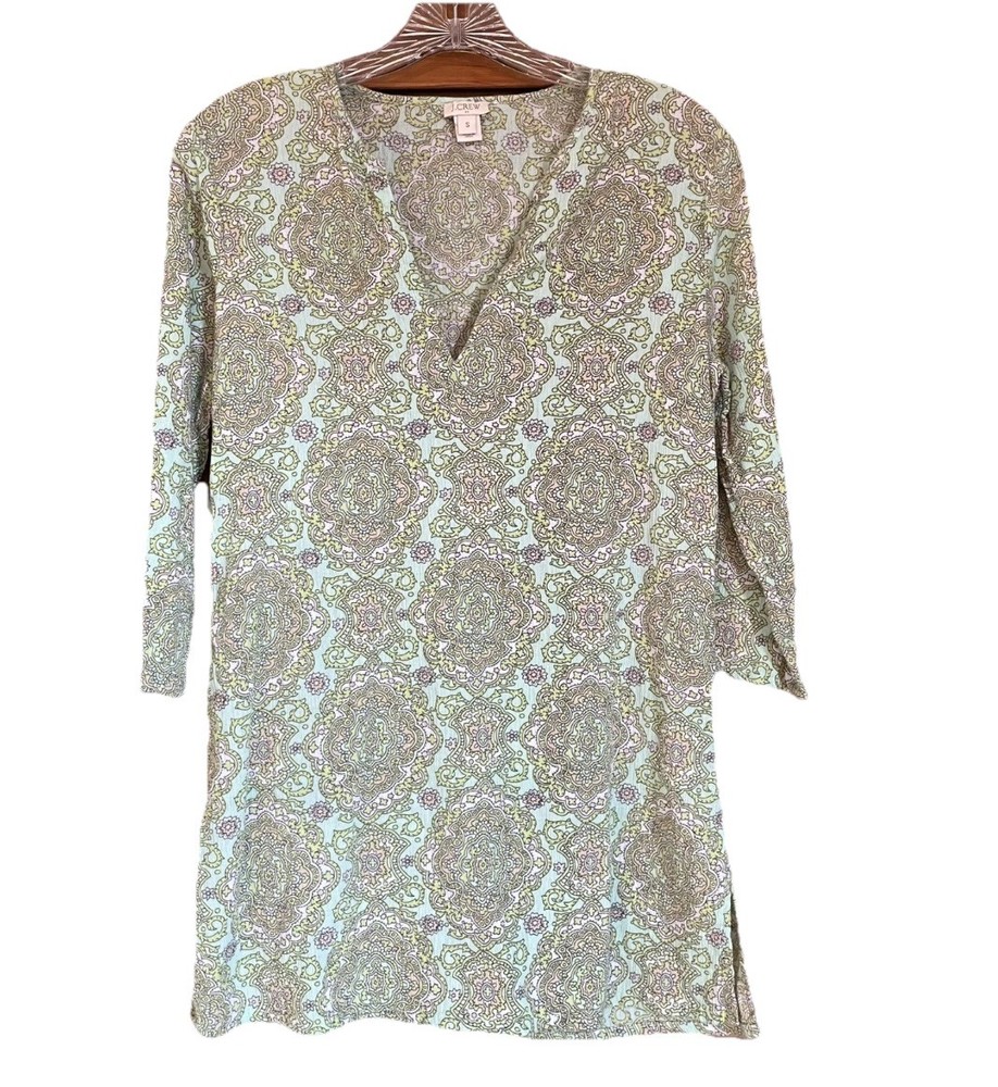 J.Crew Tissue Tunic Top Sz Small Swim Coverup Cotton Paisley Green Blue Beach