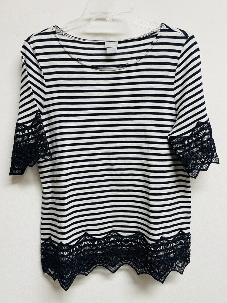 CHICO’S navy & white Striped Crochet Trim Shirt / Top - NEW, Women’s Size 1, M