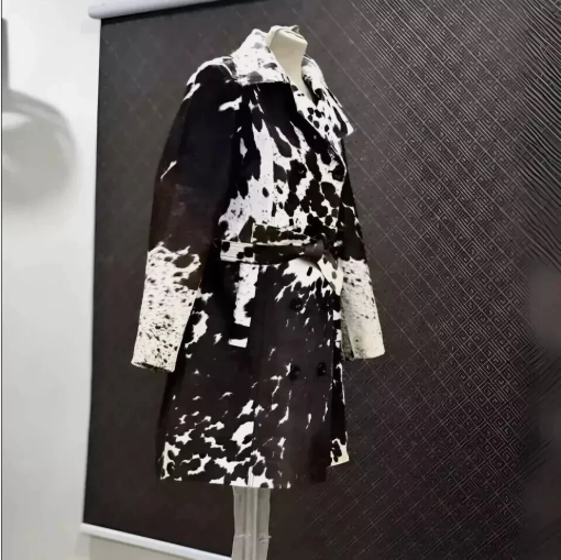 Women Pony Skin Cow Print Genuine Leather Trench Coat Black White Belted Jacket