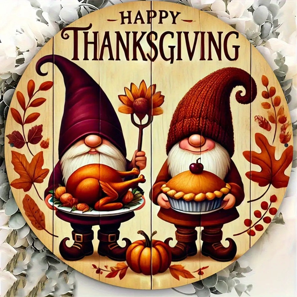 Thanksgiving Gnome Wall Decor Round Metal Sign Pumpkin