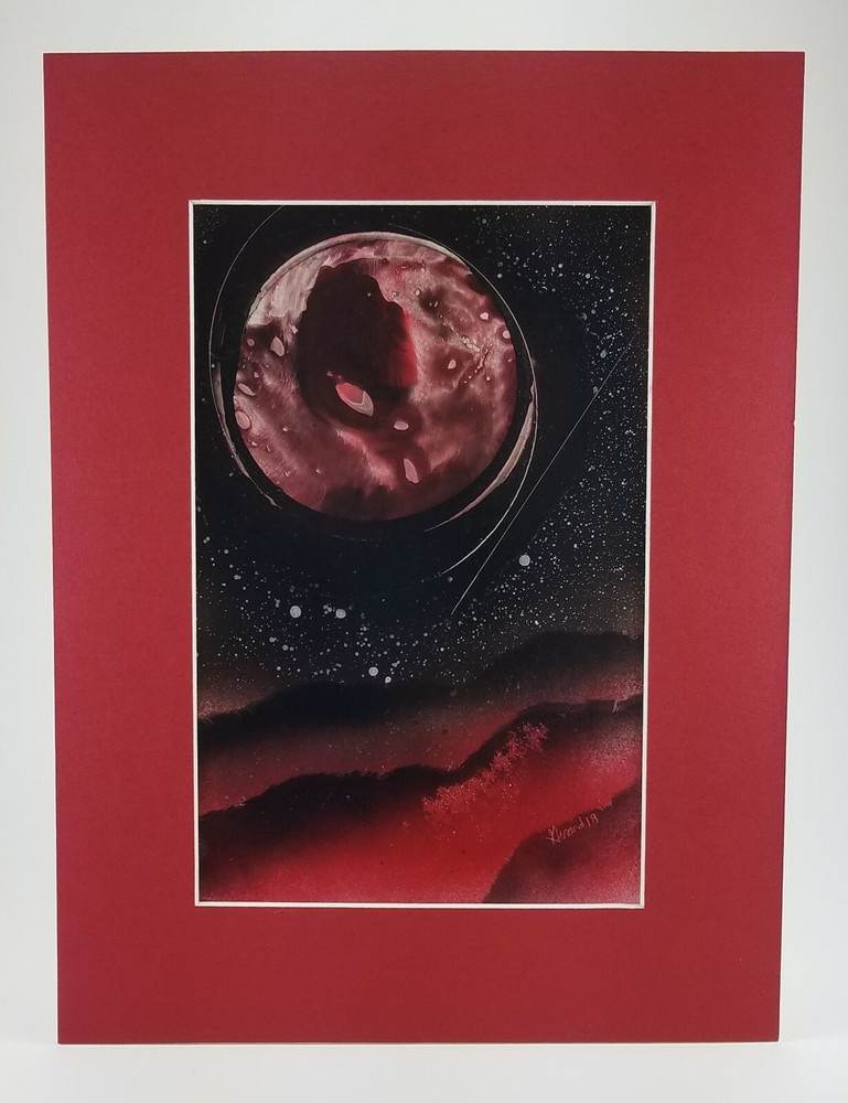 Moon Landscape Aerosol Painting in Red with Colorful matte board by Jason Girard