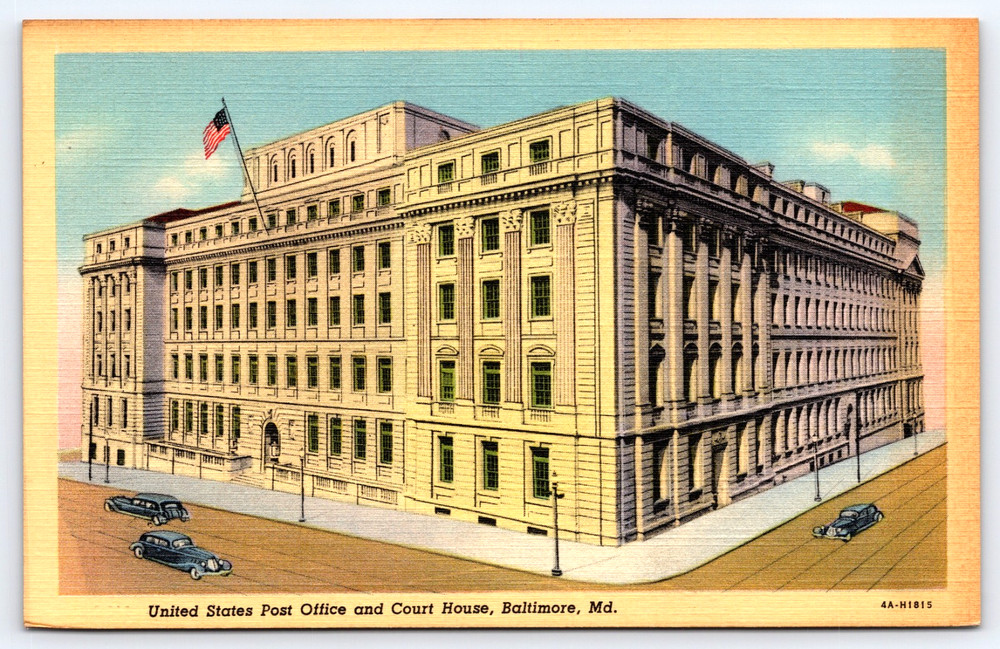 Baltimore Maryland Post Office Court House Building Cars Flag Vintage Postcard