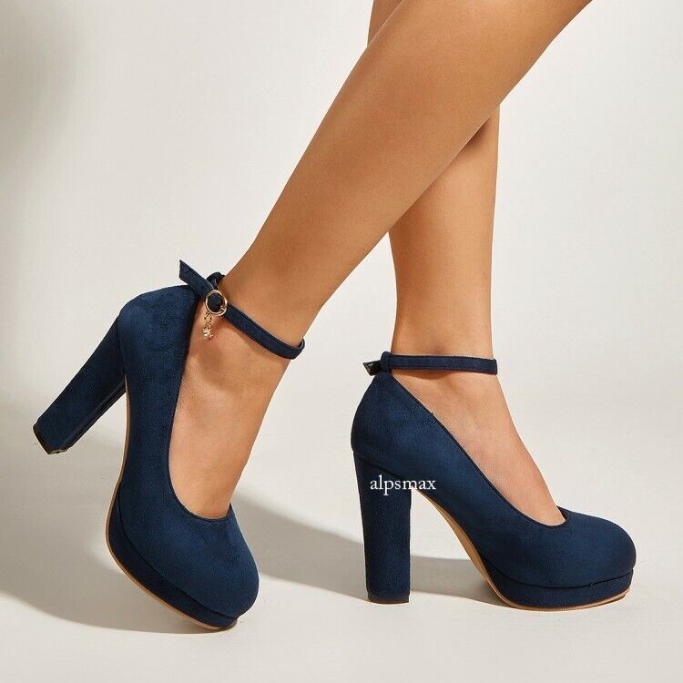 Women's Pumps Platform Round Toe Block High Heels Ankle Strap Shoes Suede New