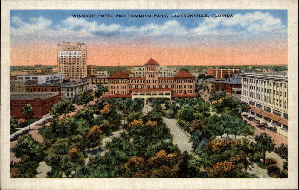 Windsor Hotel Hemming Park Jacksonville Florida aerial view  ~ 1930s linen