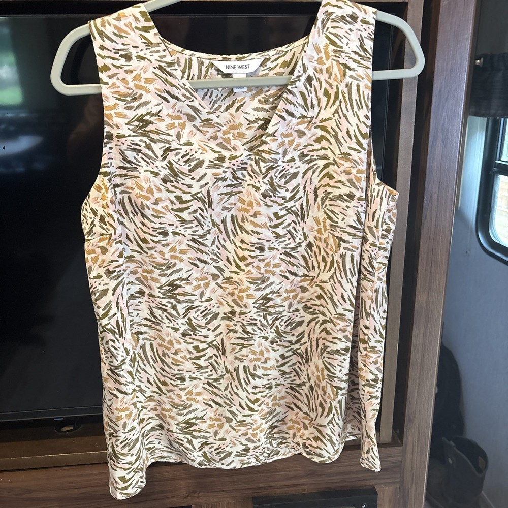 Nine West Tank Top Womens Medium Pink Brown Abstract Print Sleeveless Blouse