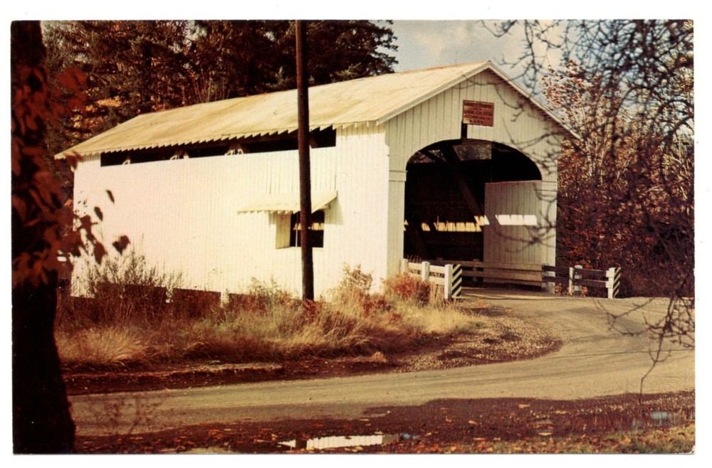 Lane Co Oregon Ernest Covered Bridge Mohawk River fall foliage vintage postcard