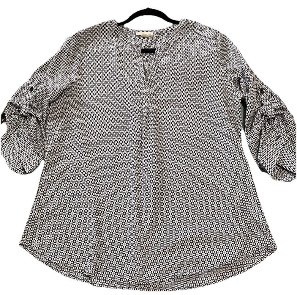 Dalia Womens Large Black Gray Geometric Print Blouse 3/4 Sleeve Vneck Light