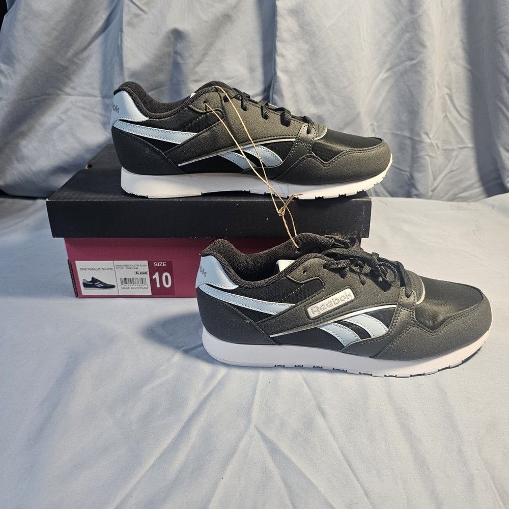 Size 10 Reebok Womens Ultra Flash Lace Up Sneaker Gray Blue White Athletic Run