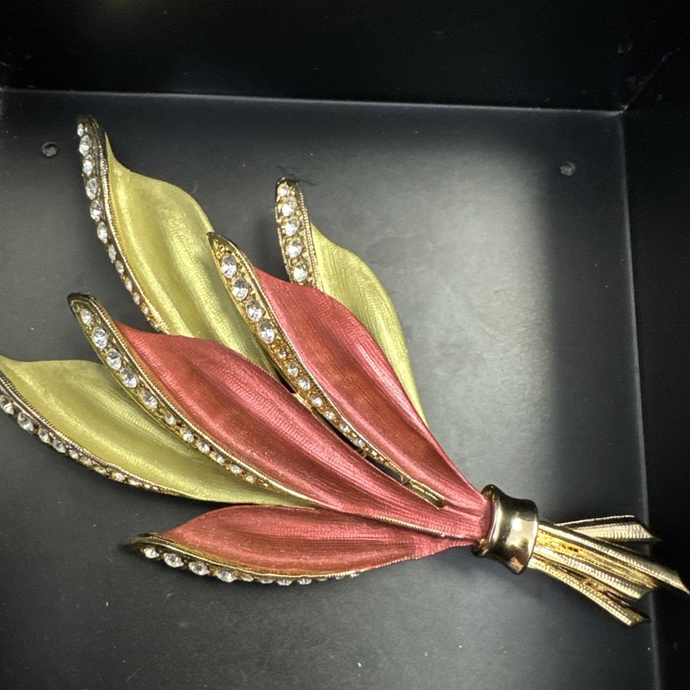 Vintage Red, Green, Enamel W/ Rhinestones Gold Brooch Pin Unsigned Les Bernard?