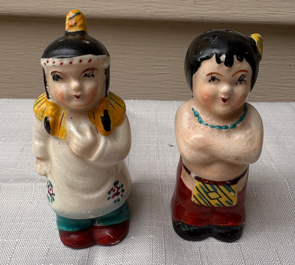 Vintage Painted Ceramic Salt and Pepper Shakers - Native American Indians Japan