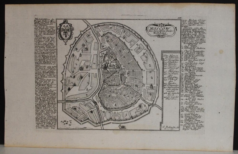 Moscow Russia 1720 Gabriel Bodenehr Unusual Antique Copper Engraved City MapANTIQUE COPPER ENGRAVED CITY MAP OF MOSCOW RUSSIA 1720