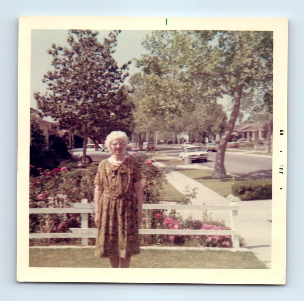 Old Vintage Square Color Photo SOLO OLDER WOMAN FRONT YARD ROSES CARS STREET