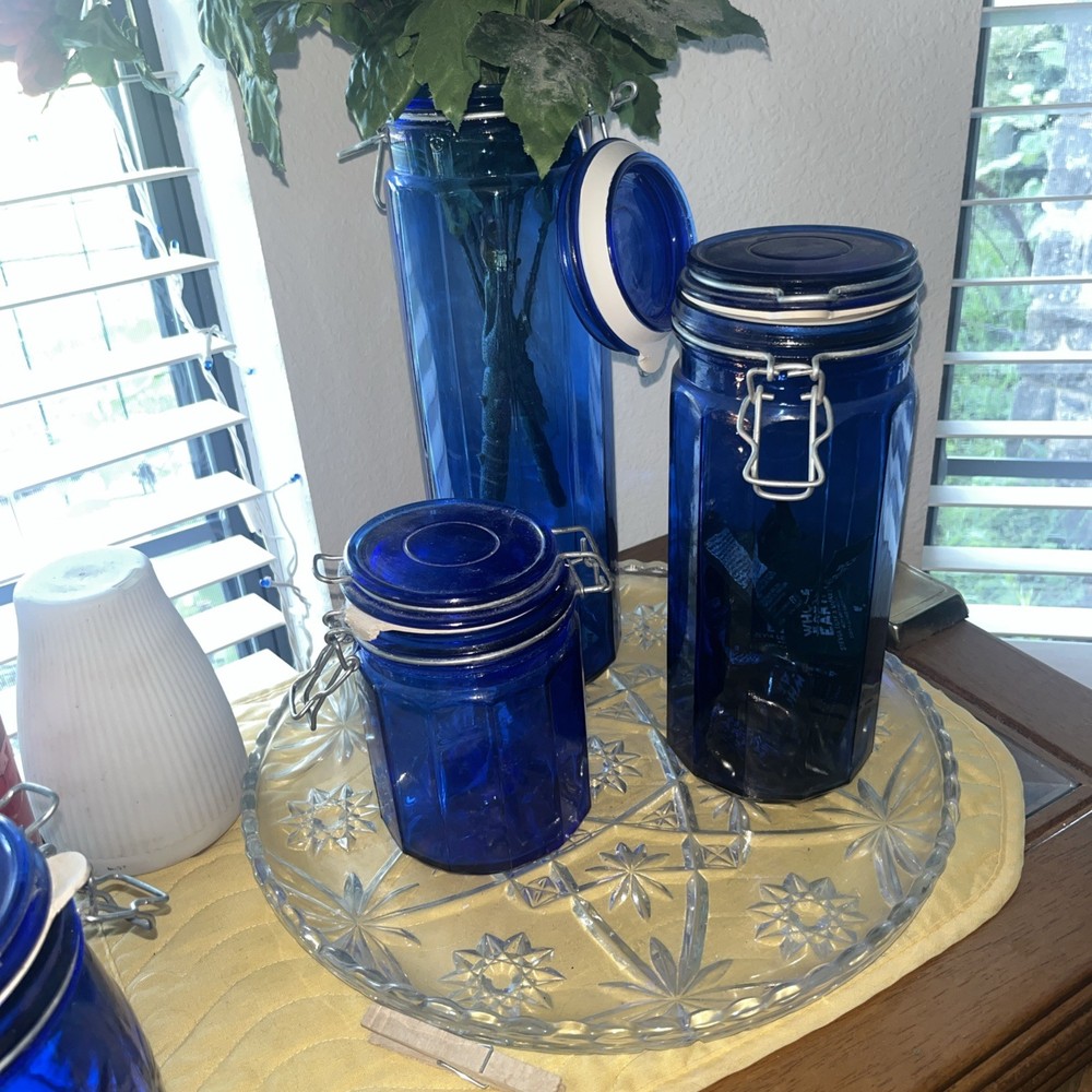 Vintage Cobalt Blue Glass Canister Set Of 3 Assorted Sizes Bail and Trigger Lids