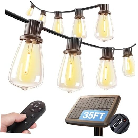 Solar String Lights Outdoor, Waterproof Solar Powered with Remote & USB 35FT