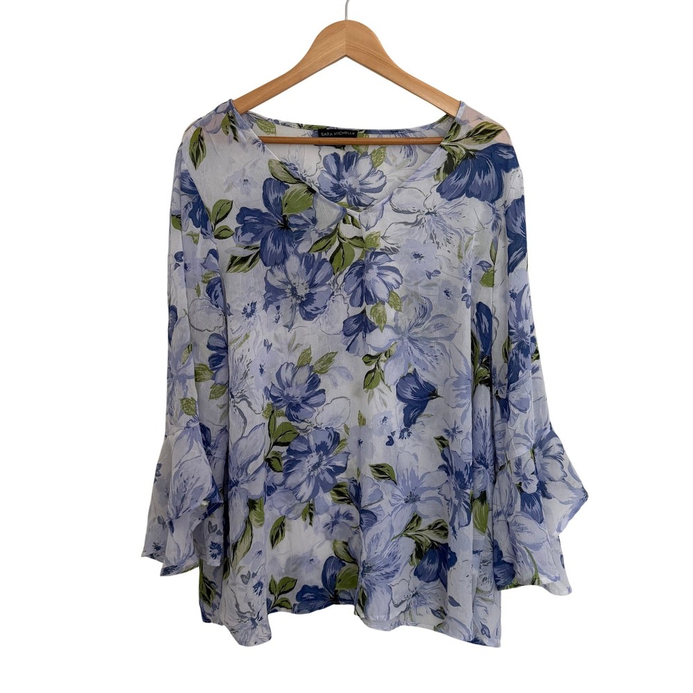 Sara Michelle Floral V-Neck Bell Sleeve Blouse Blue Green 2X Cottagecore