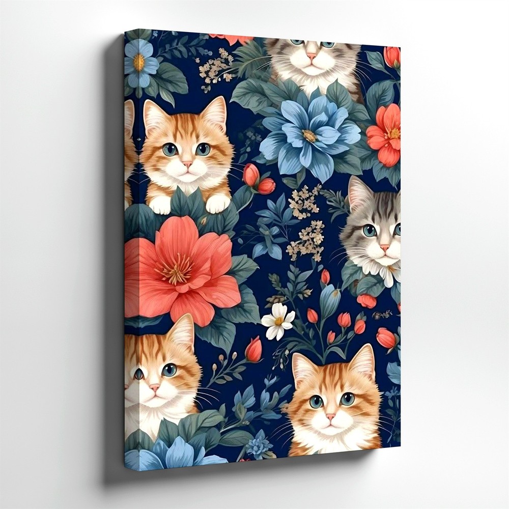 Wall Art Cute Cat Floral Print Blue Background Botanical Pet Poster Home Decor