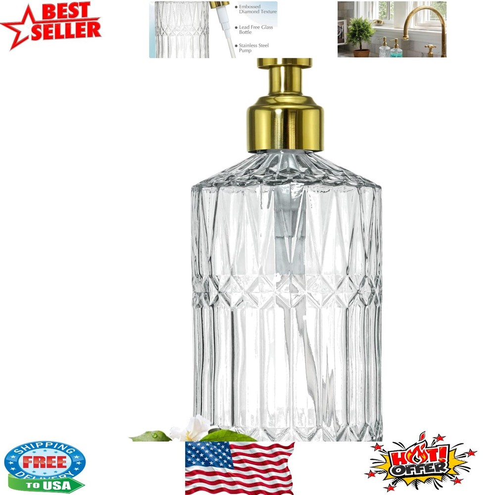 Elegant 18Oz Clear Glass Soap Dispenser with Golden Pump for Bathroom & Kitchen