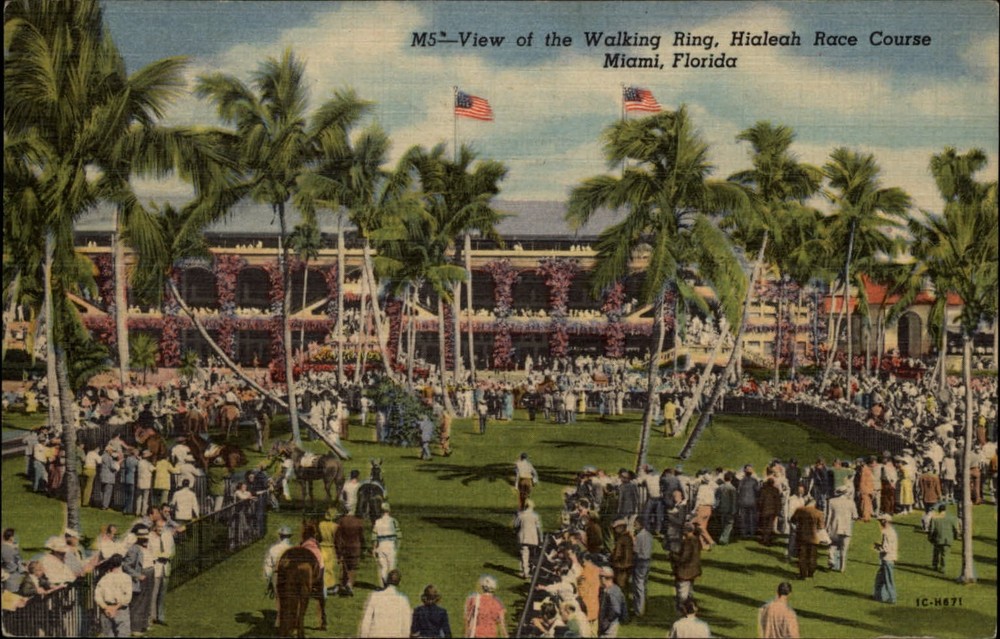 Walking Ring Hialeah Race Course Miami Florida flags ~ 1940s linen postcard