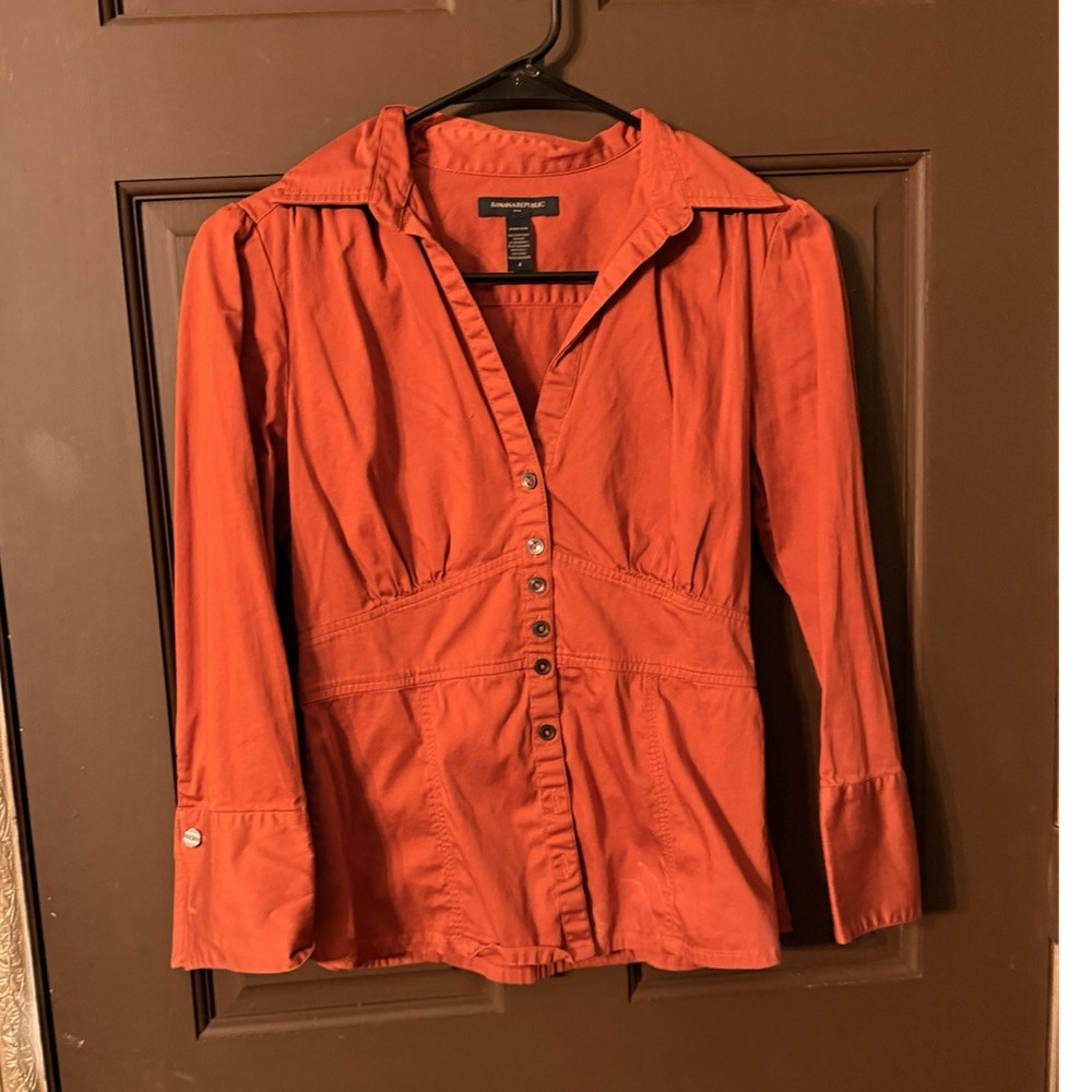Banana Republic Orange Collared Cotton Button-Up Shirt Women's M Long Sleeve