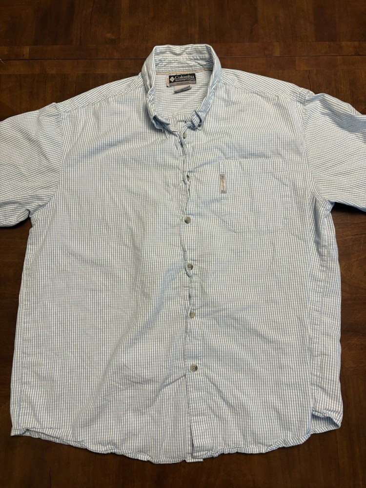 Columbia Sportswear XCO Men XL Blue White Striped Short Sleeve Button Down Shirt