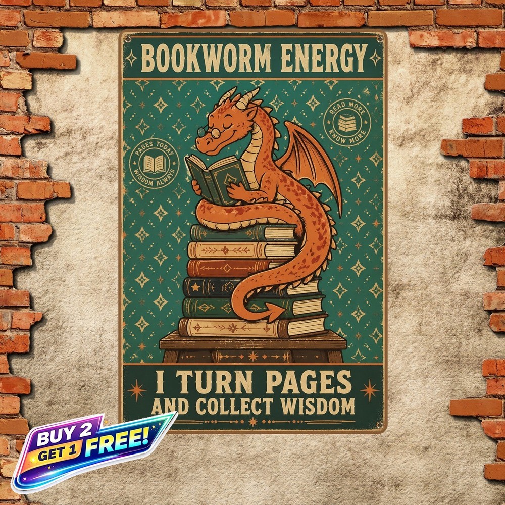 Dragon Stacked Fantasy Book Lover Quote Poster Retro Metal Wall Plaque