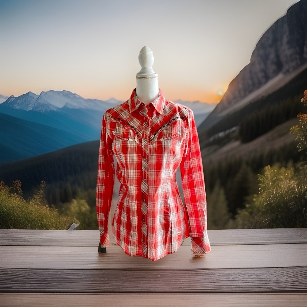 Ariat Shirt Womens Small Red Plaid Pearl Snap Western Cowgirl Top Rodeo