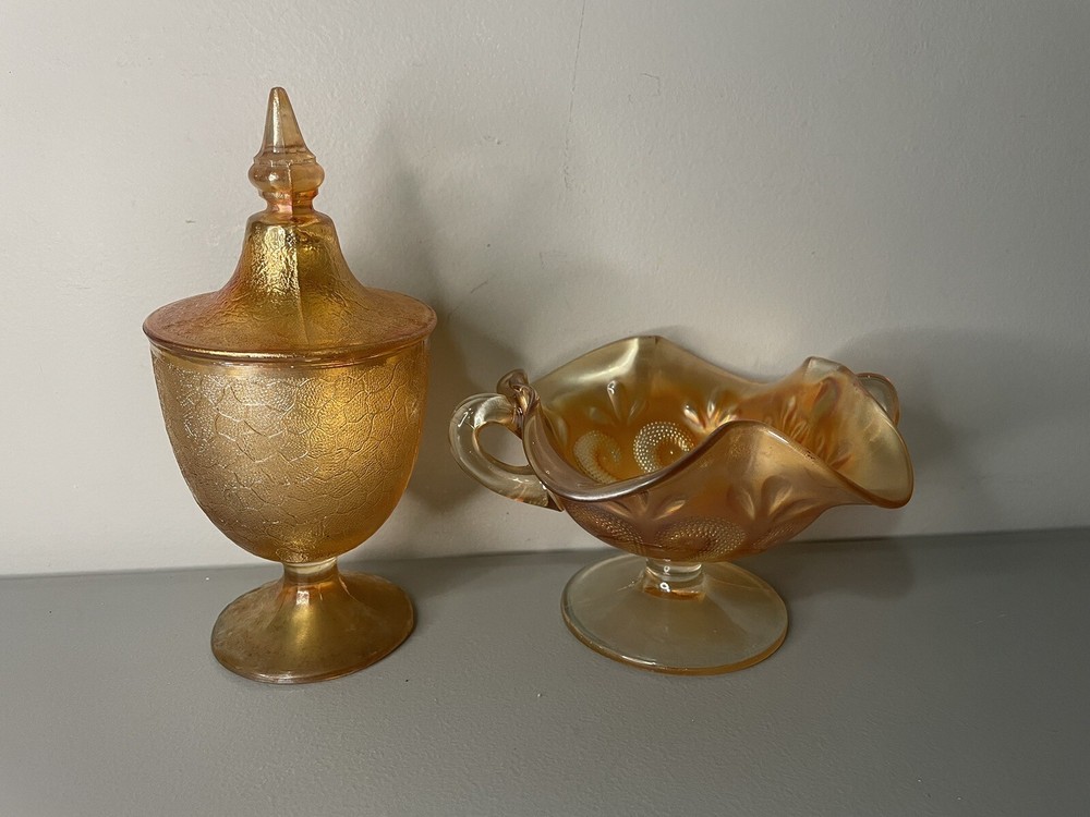 Vintage Dugan Carnival Glass Marigold Bon Bon and Crackle Candy Dishes