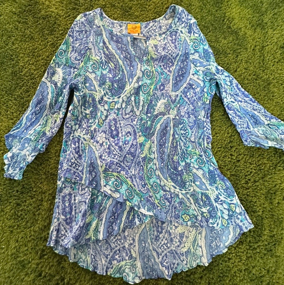 Ruby Rd Womens Blouse Blue Bali 3/4 Sleeve Tunic Sz Xl