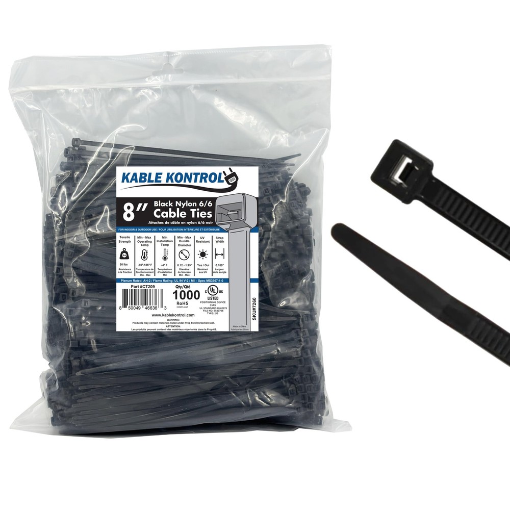 1000-Piece 8-Inch Black Cable Zip Ties with 50 Lbs Tensile Strength & Self-Locking Design