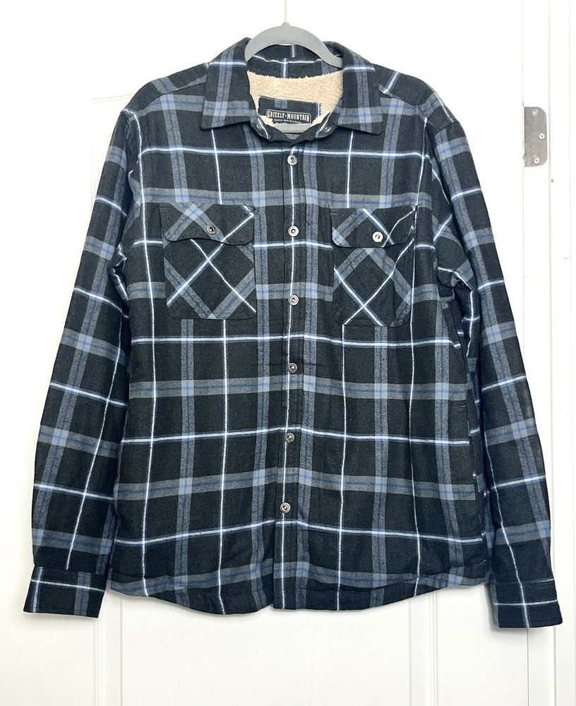 Grizzly Mountain Men’s Flannel Plaid Shirt Jacket Sherpa Lined Size M Gray Blue