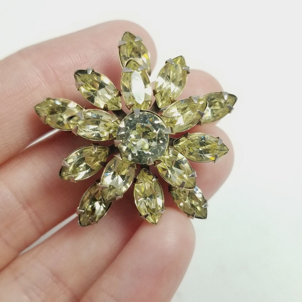 Vintage Rhinestone Cluster Yellow Flower Brooch, Retro Sparkle Lapel Pin, Estate