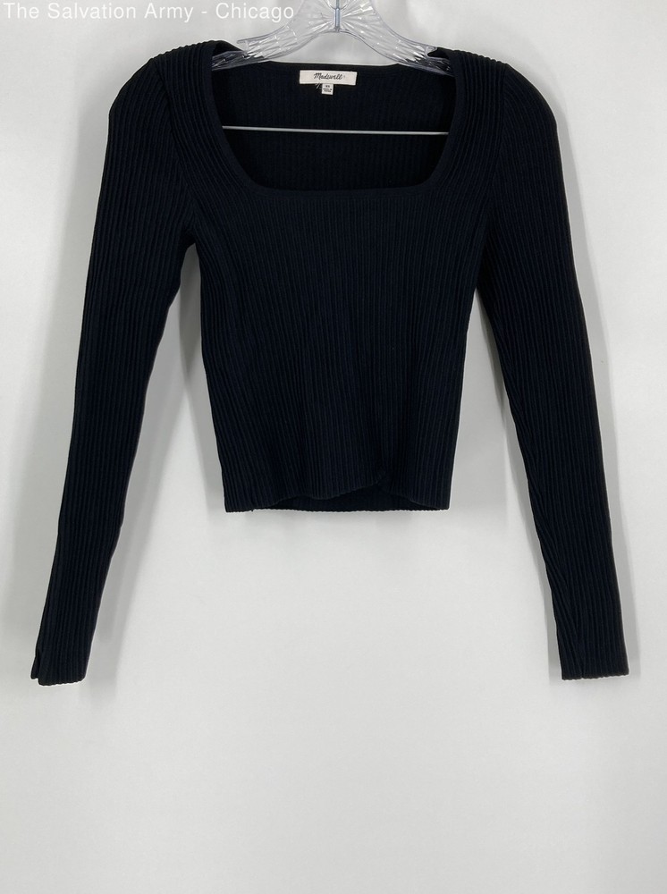 Madewell Womens Black Square Neck Long Sleeve Cropped Blouse Top Size XS