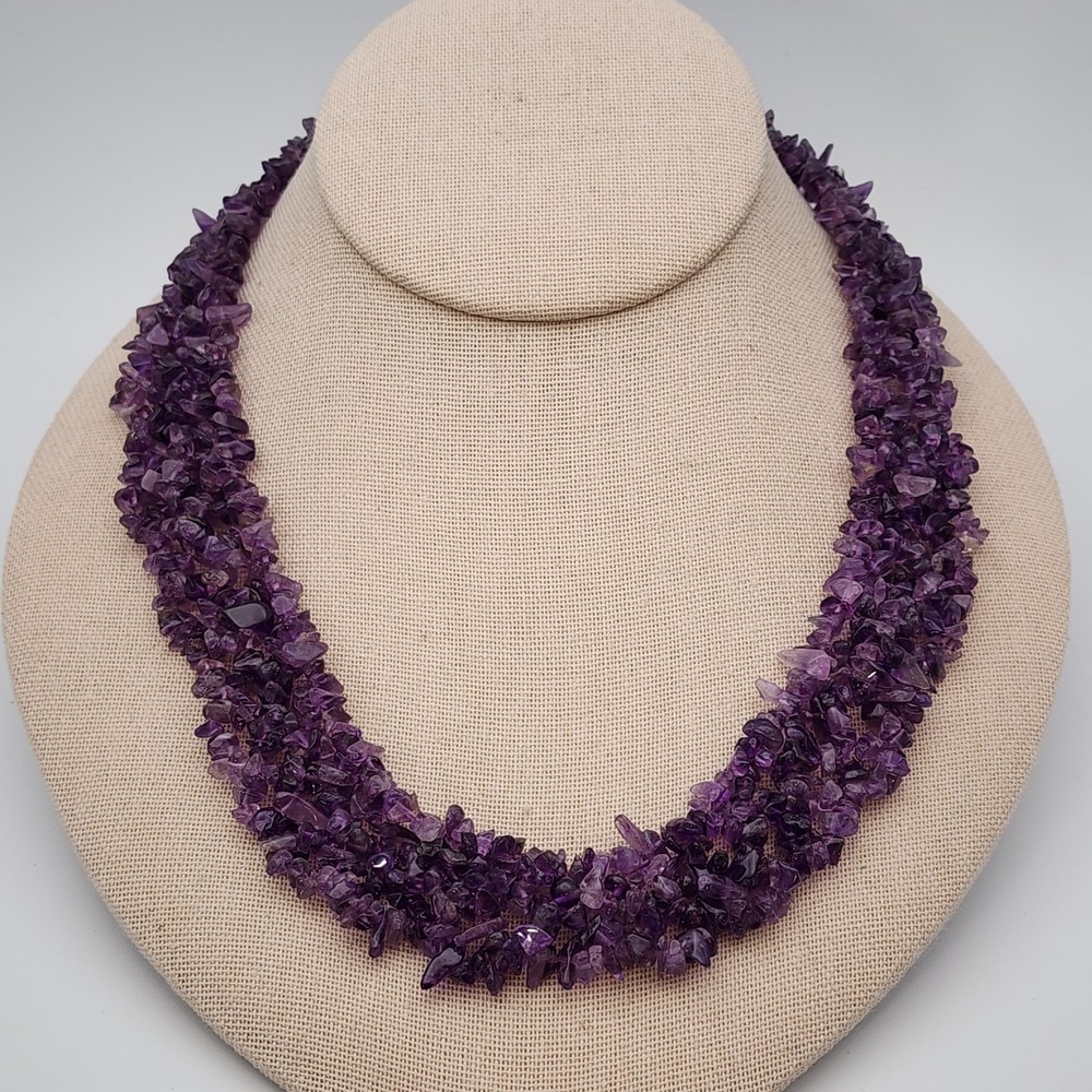 Vtg Amethyst Chip Multi Strand Choker Necklace 925 Purple Silver Tube Clasp 16