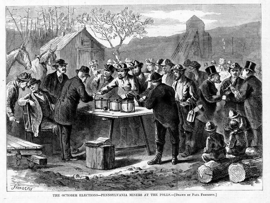 MINERS, PENNSYLVANIA MINERS VOTING AT THE POLLS ANTIQUE