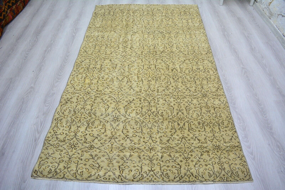 Turkish Vintage Floral Accent Carpet, 4x7ft, Antique Oriental Beige Handmade Rug