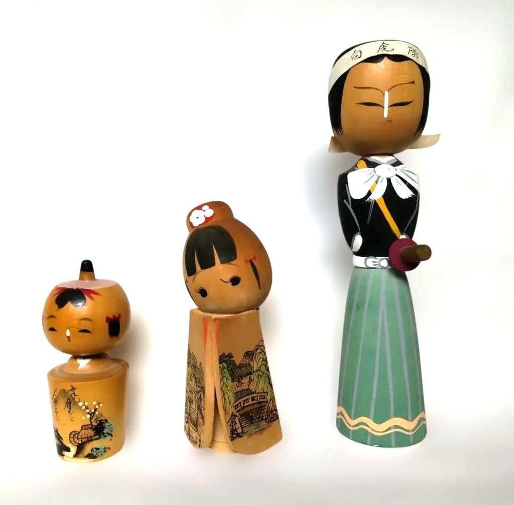 Kokeshi Dolls Three Showa Retro Folk Art Naruko Kurashiki Used 11cm