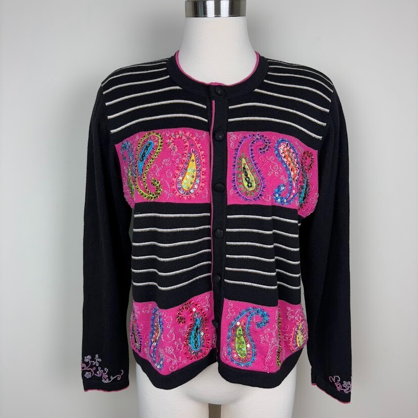 Vintage Embroidered Paisley Beaded Cardigan Button Front Artsy Size L