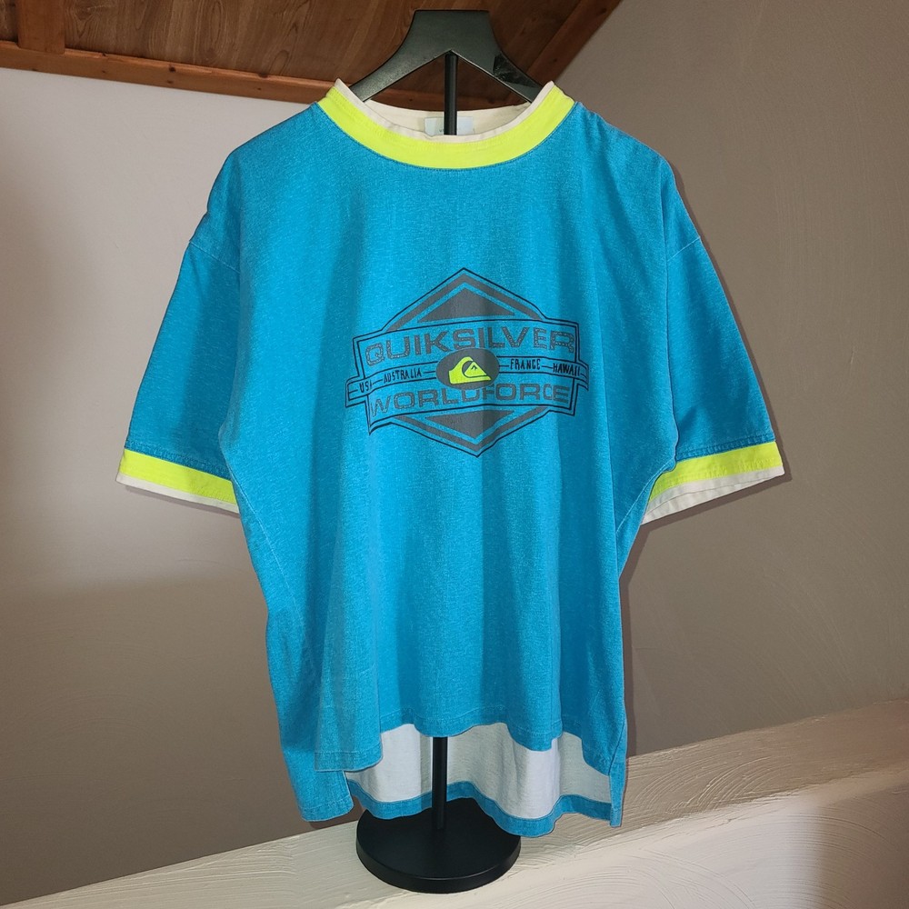 Vintage 90s Quiksilver World Force Layered Surf Skate T-Shirt M Rare Made In USA