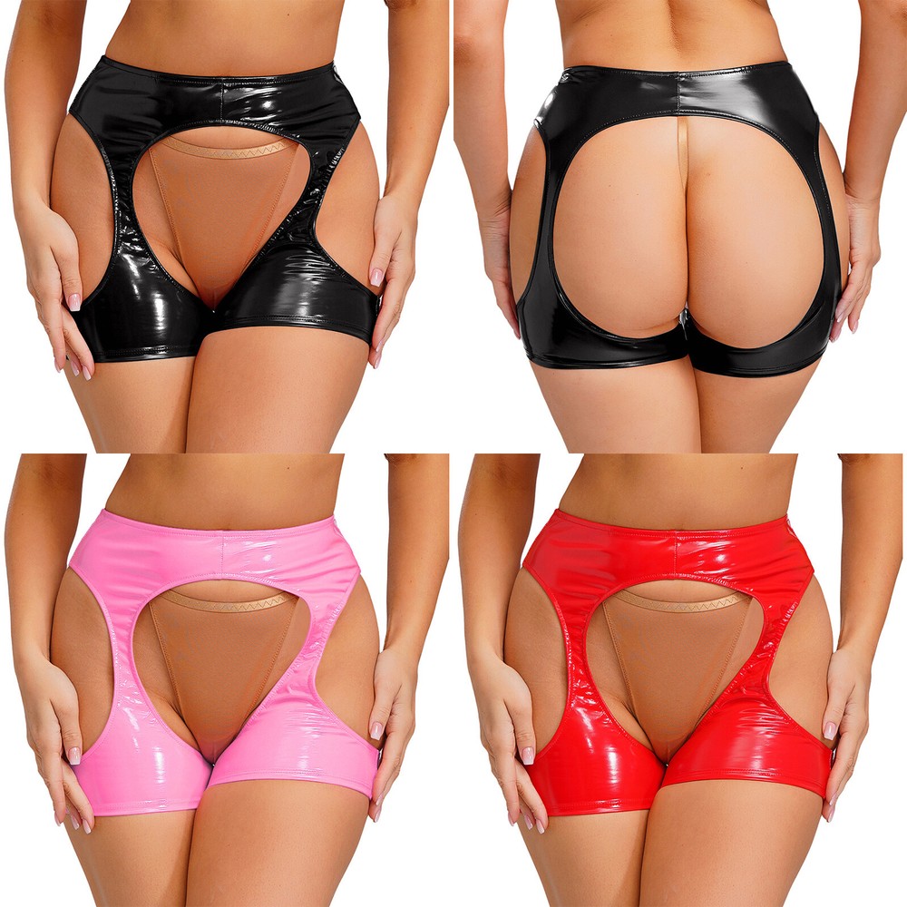 US Womens Wet Look PVC Leather Bodycon Shorts Hollow Out Oil Shiny Boxer Shorts
