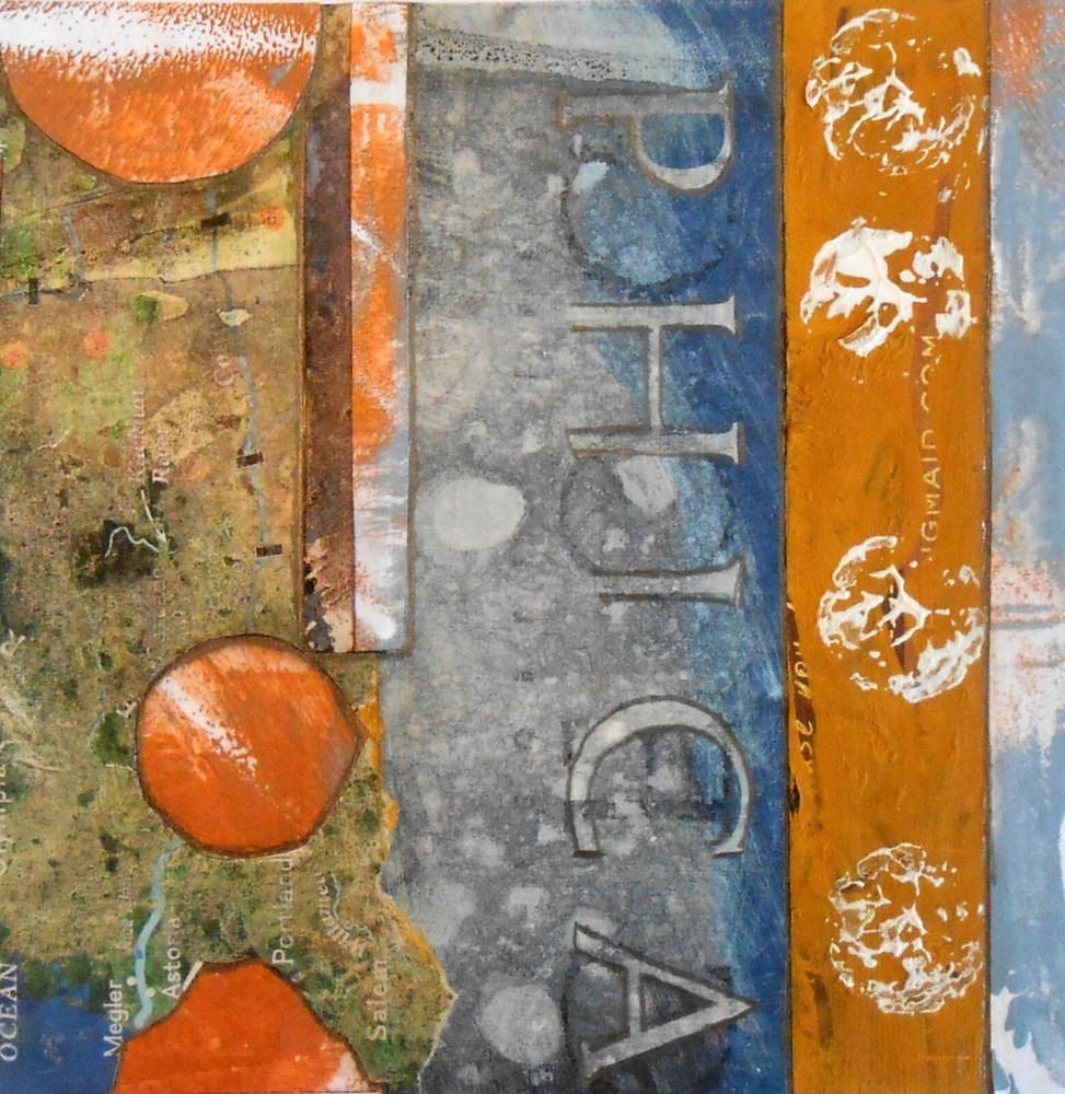 Original Art Mixed Media Abstract Painting Collage Blue Orange White with Matte-image