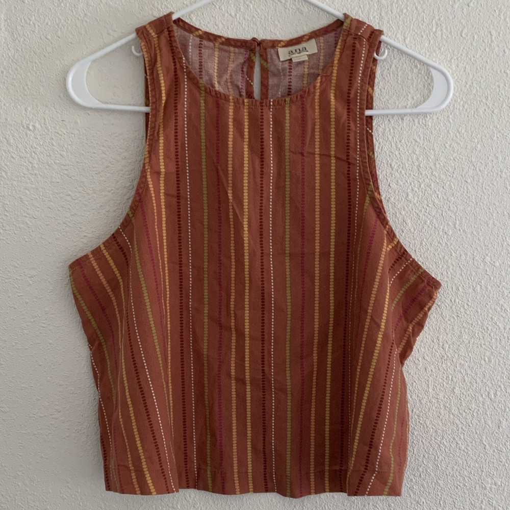 a.n.a Women's XL Striped Woven Tie Tank Top Brown Orange Yellow Sleeveless