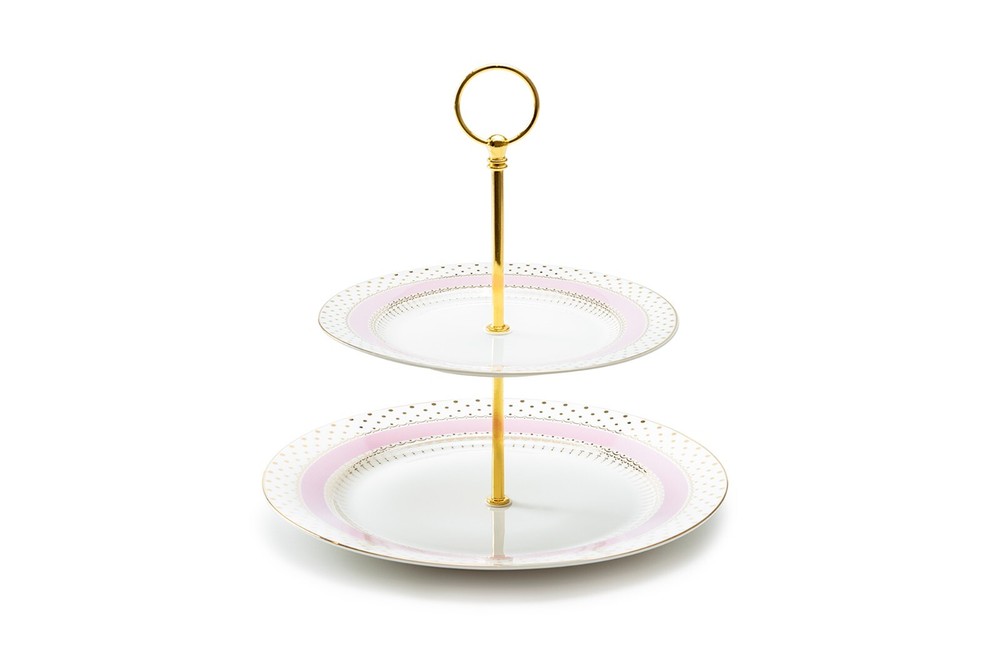 Grace Teaware Pink Stripe with Gold Dots Fine Porcelain 2-Tier Server