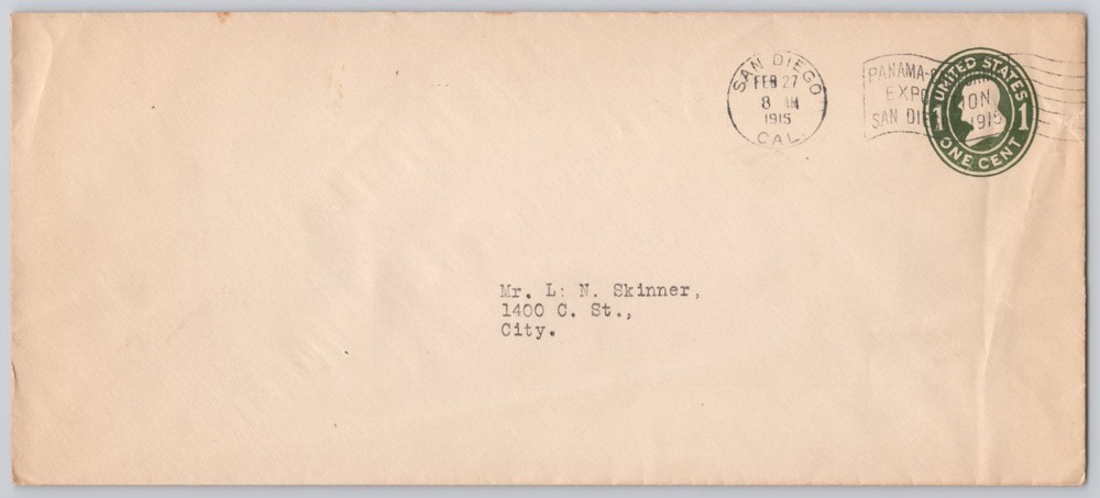 San Diego CA — Panama-California Expo cancel, 1c indicia, — 1915 — 1¢